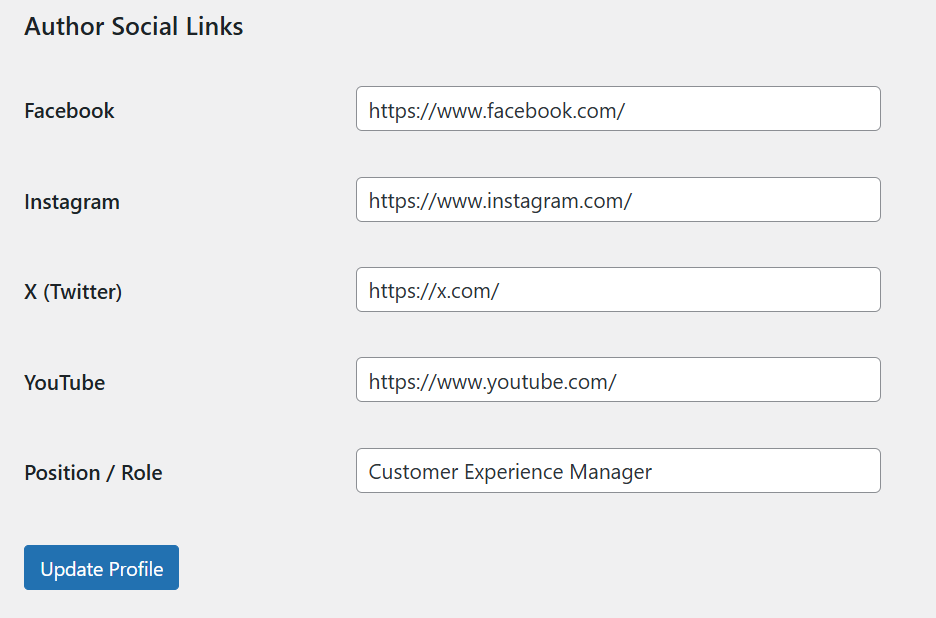 Author social link settings example