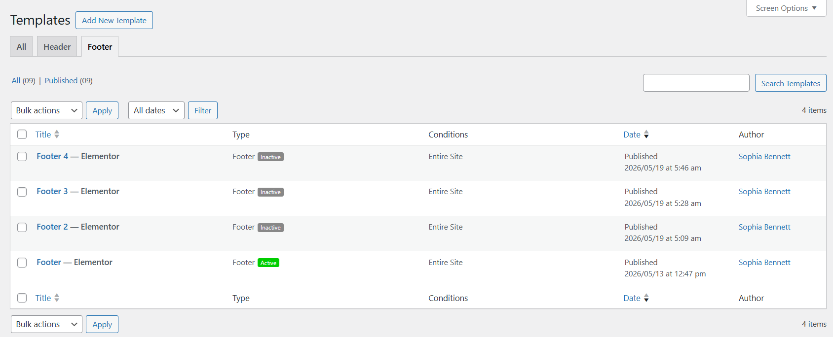 Footer settings example