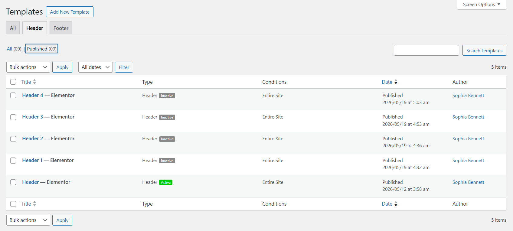 Header settings example