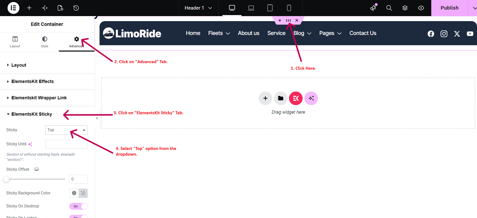 Sticky header settings