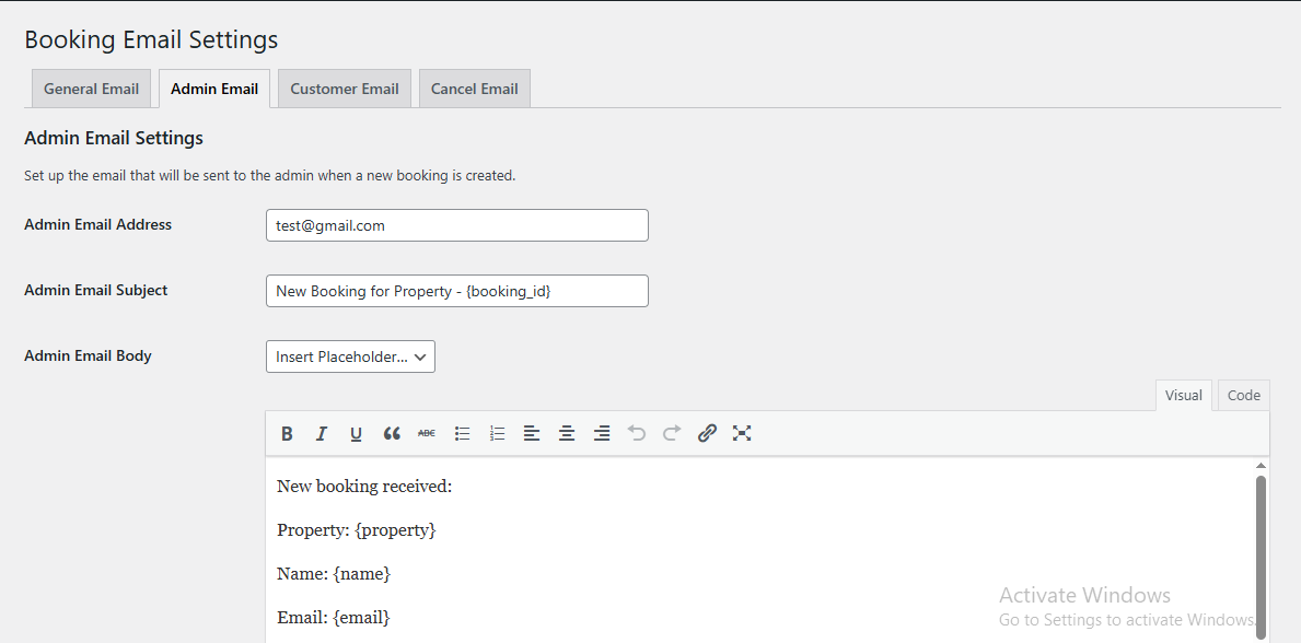 Booking Email General Settings