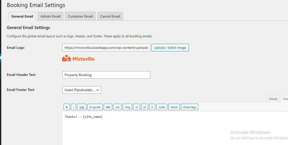 Booking Email General Settings