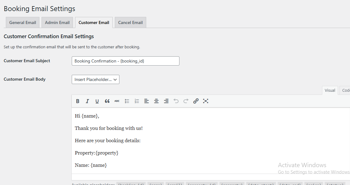 Booking Email General Settings