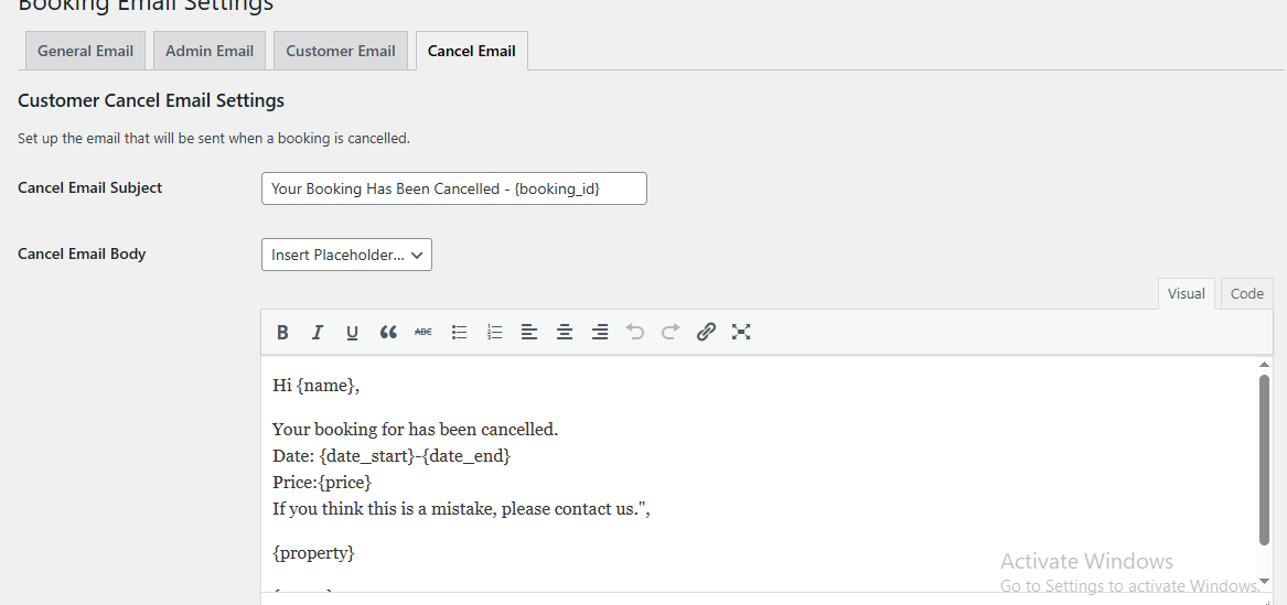 Booking Email General Settings