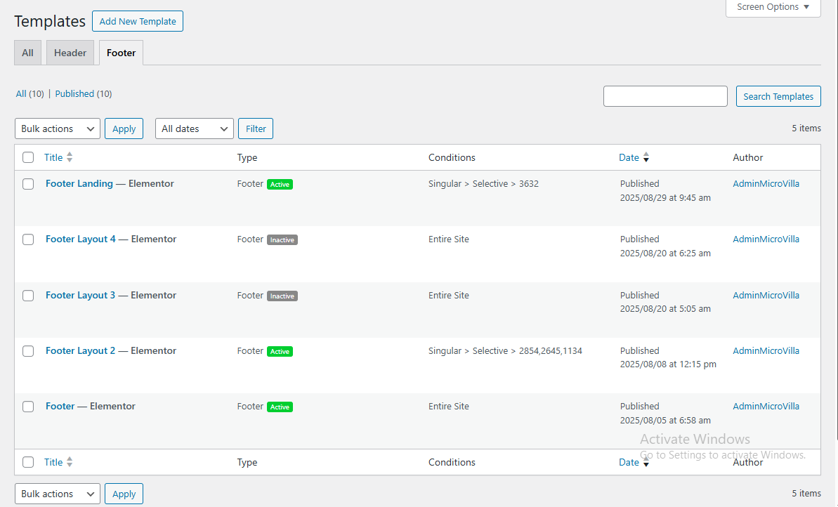 Footer settings example