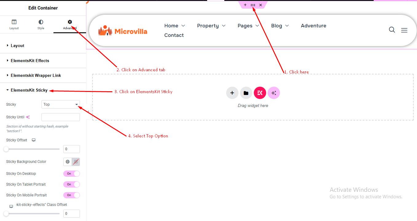 Sticky header settings