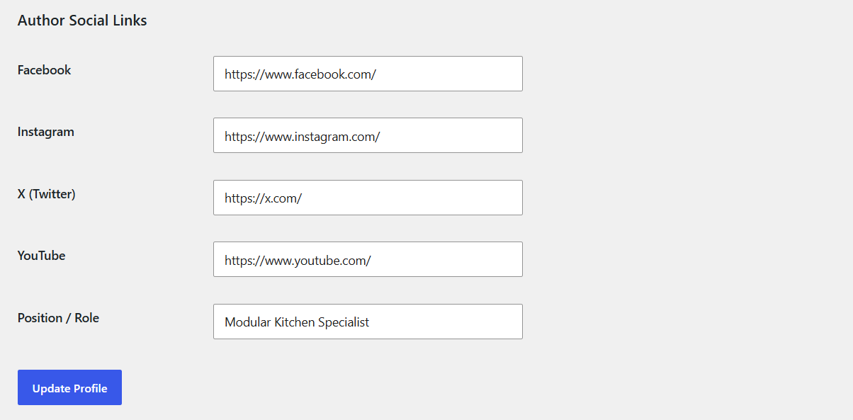 Author social link settings example