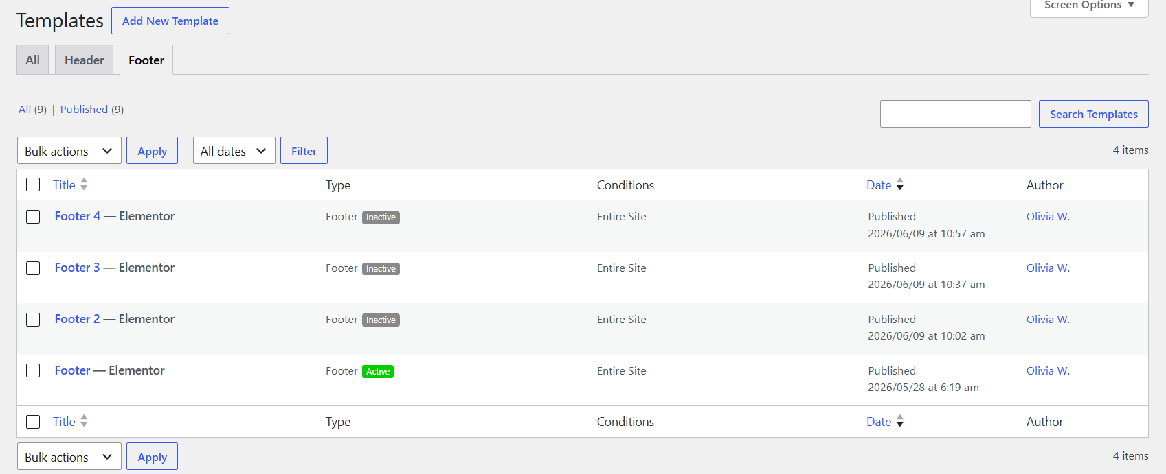 Footer settings example