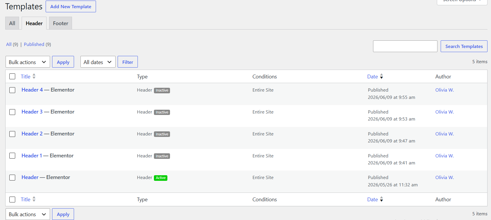 Header settings example