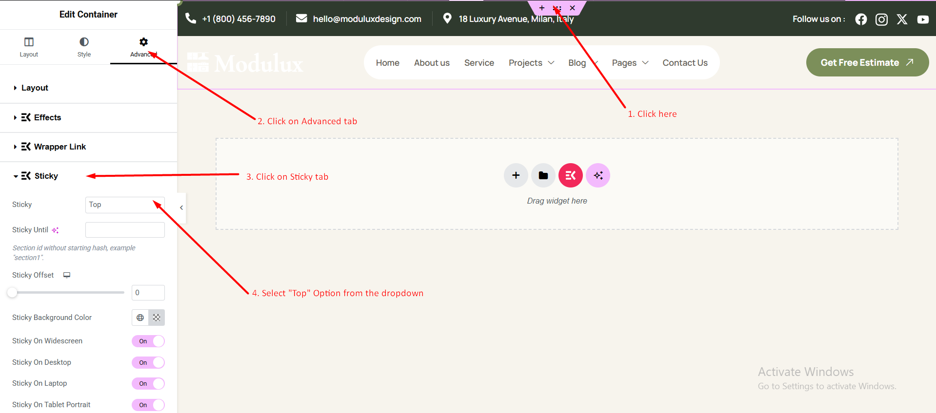 Sticky header settings