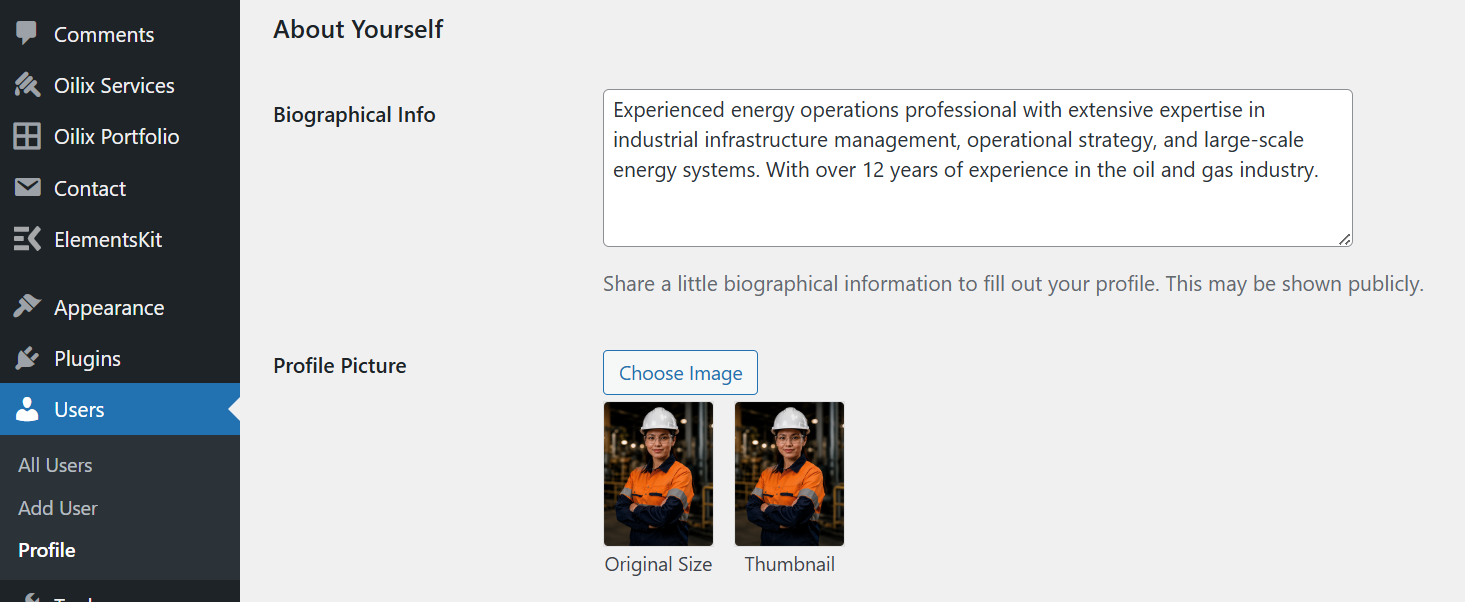 Author bio settings example