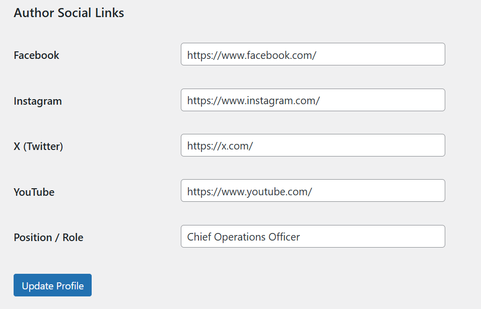 Author social link settings example