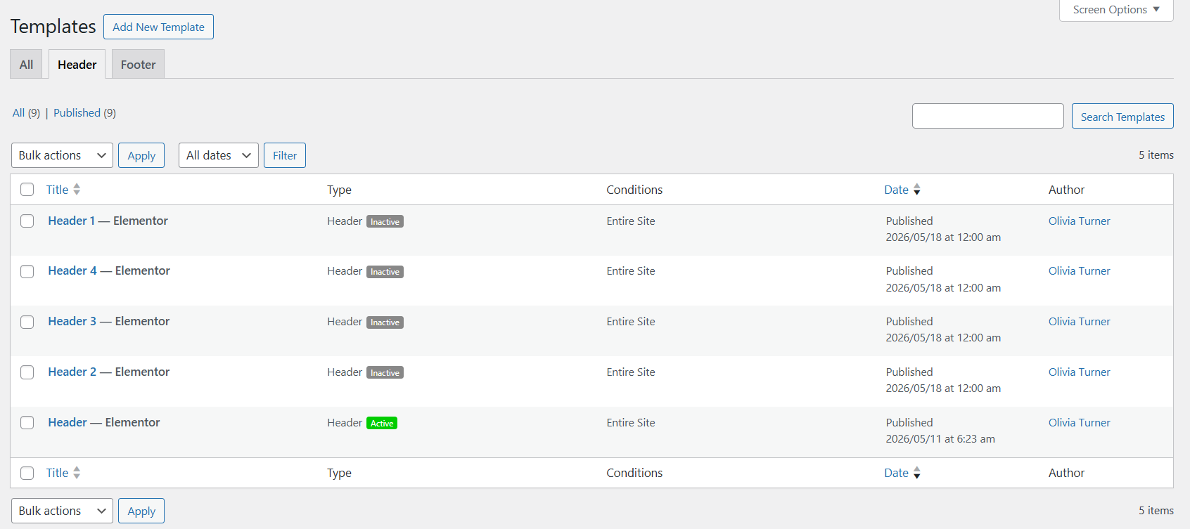 Header settings example