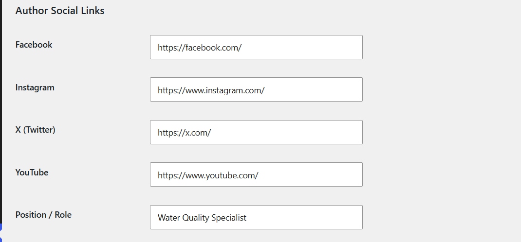 Author social link settings example