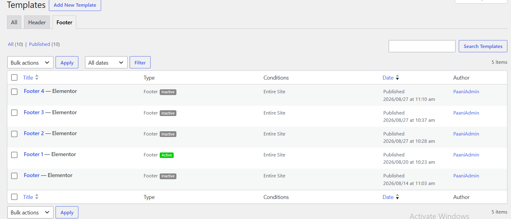 Footer settings example