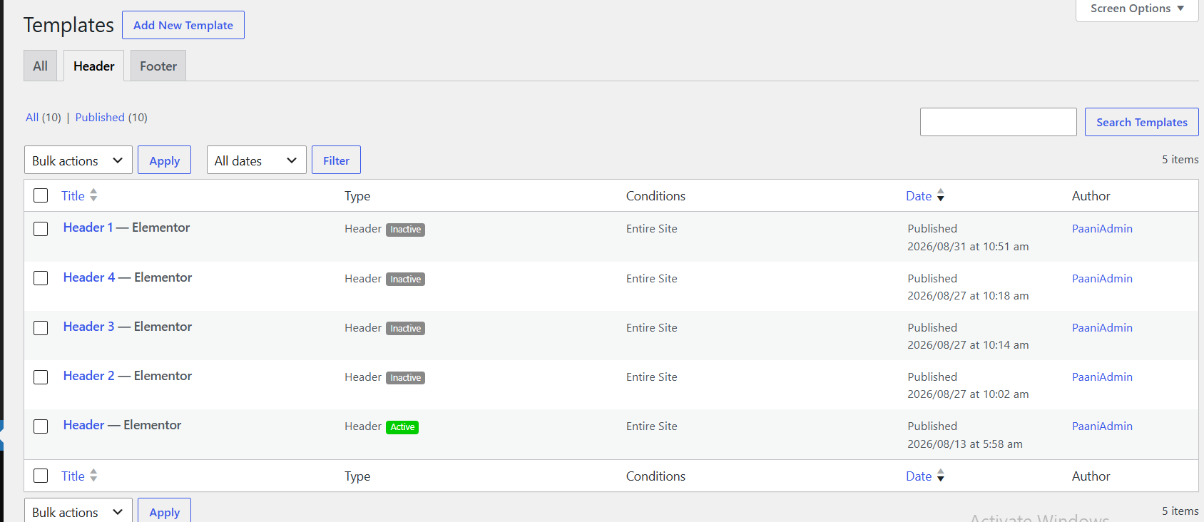 Header settings example