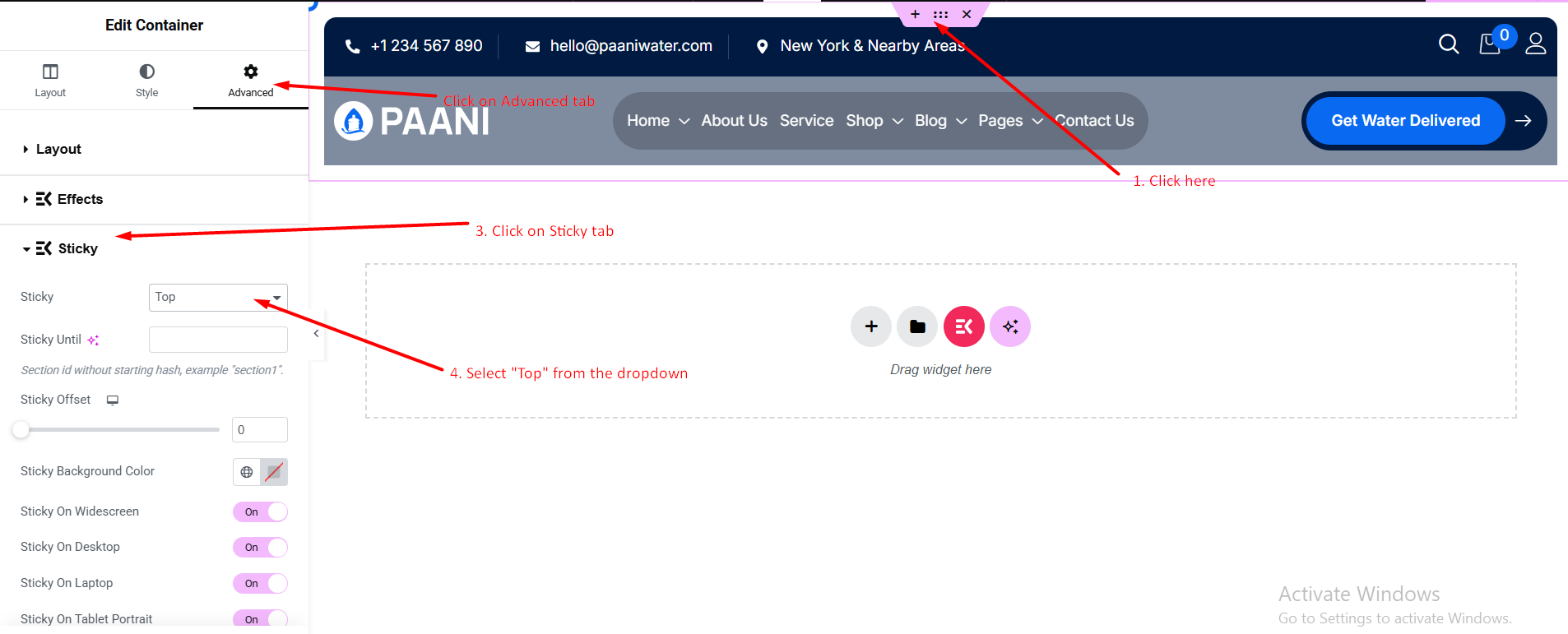 Sticky header settings