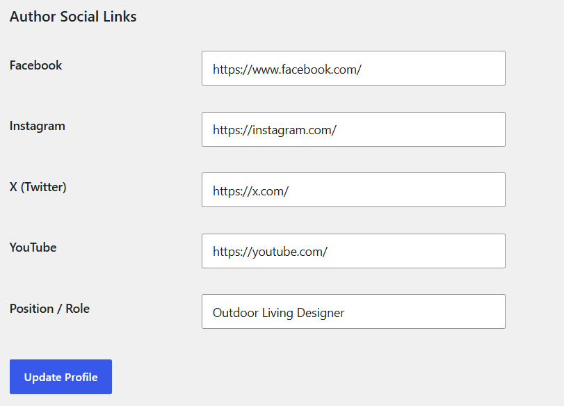 Author social link settings example