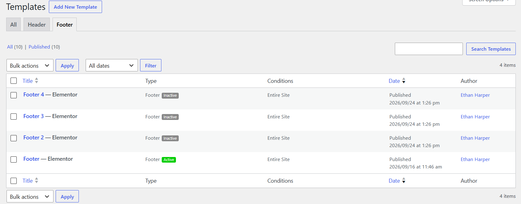 Footer settings example