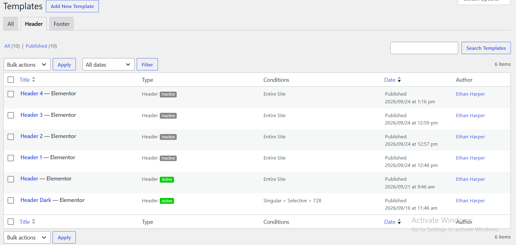 Header settings example
