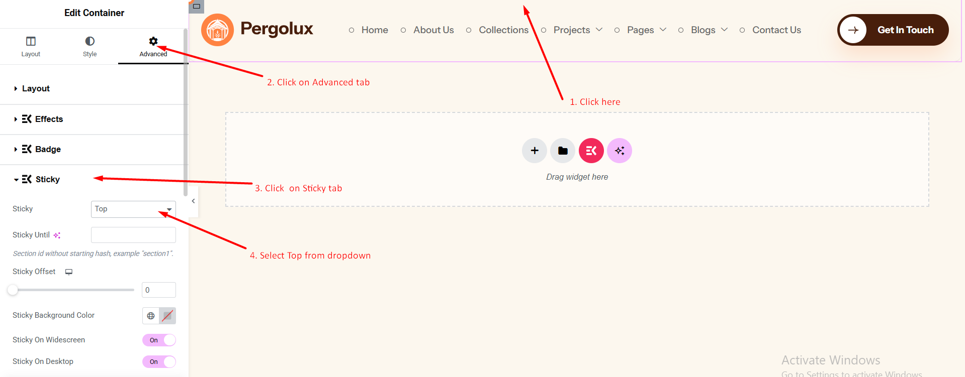 Sticky header settings