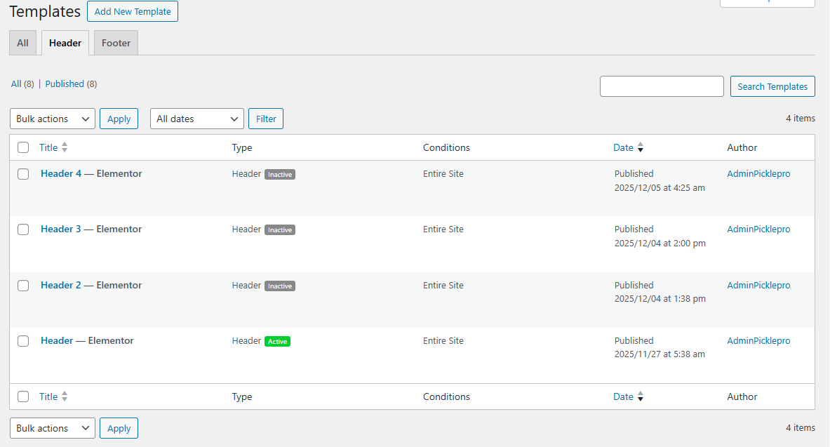 Header settings example