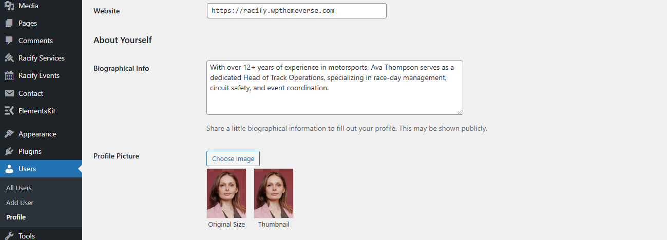 Author bio settings example