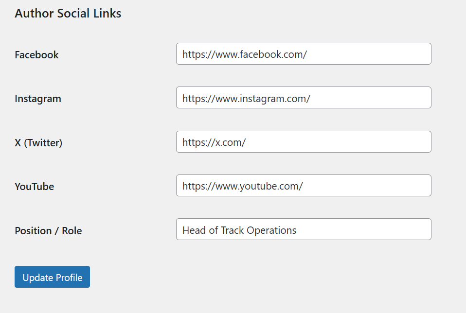 Author social link settings example