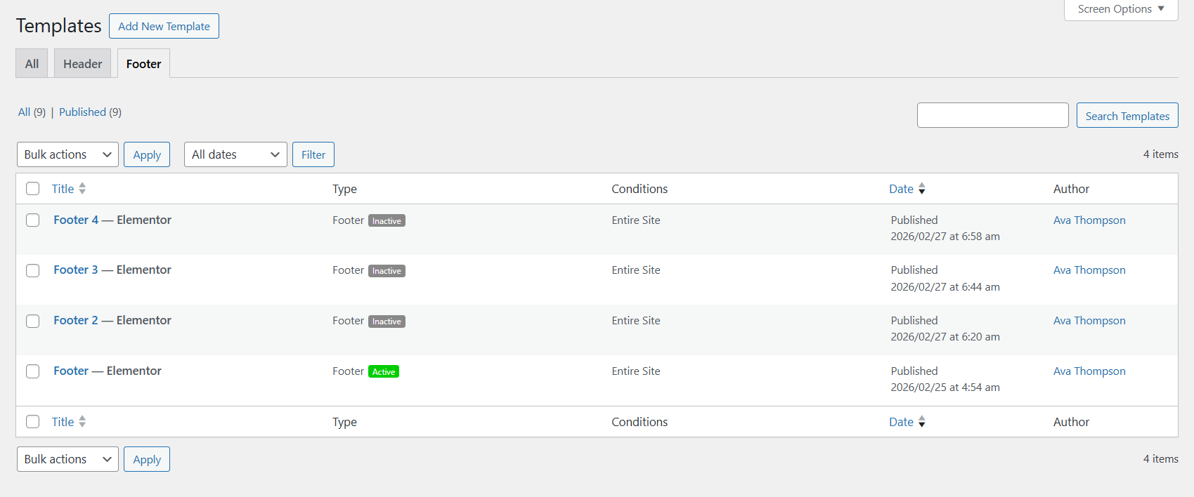 Footer settings example