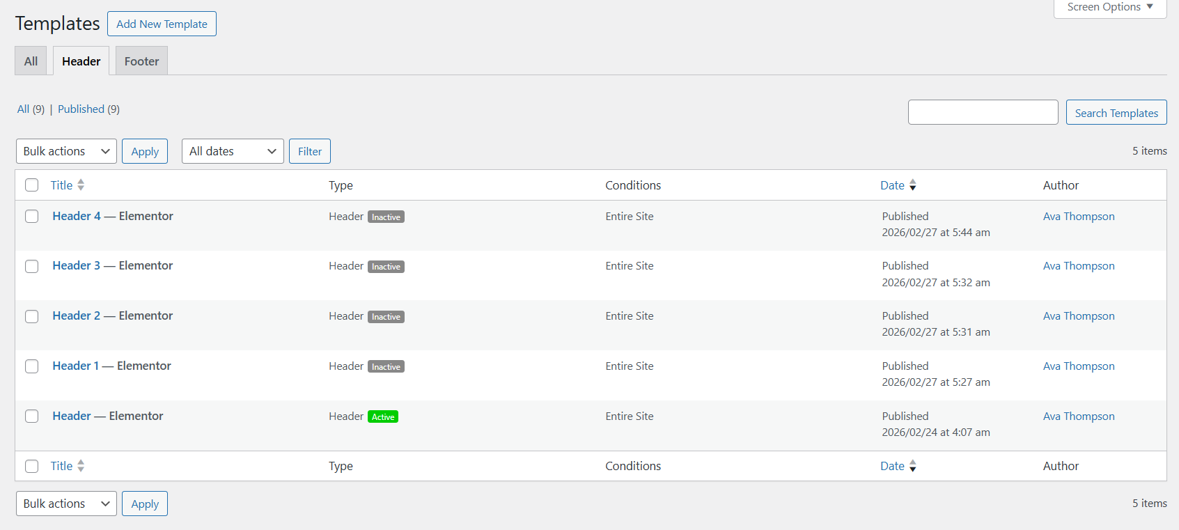 Header settings example