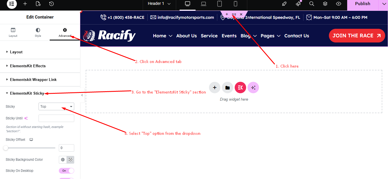 Sticky header settings