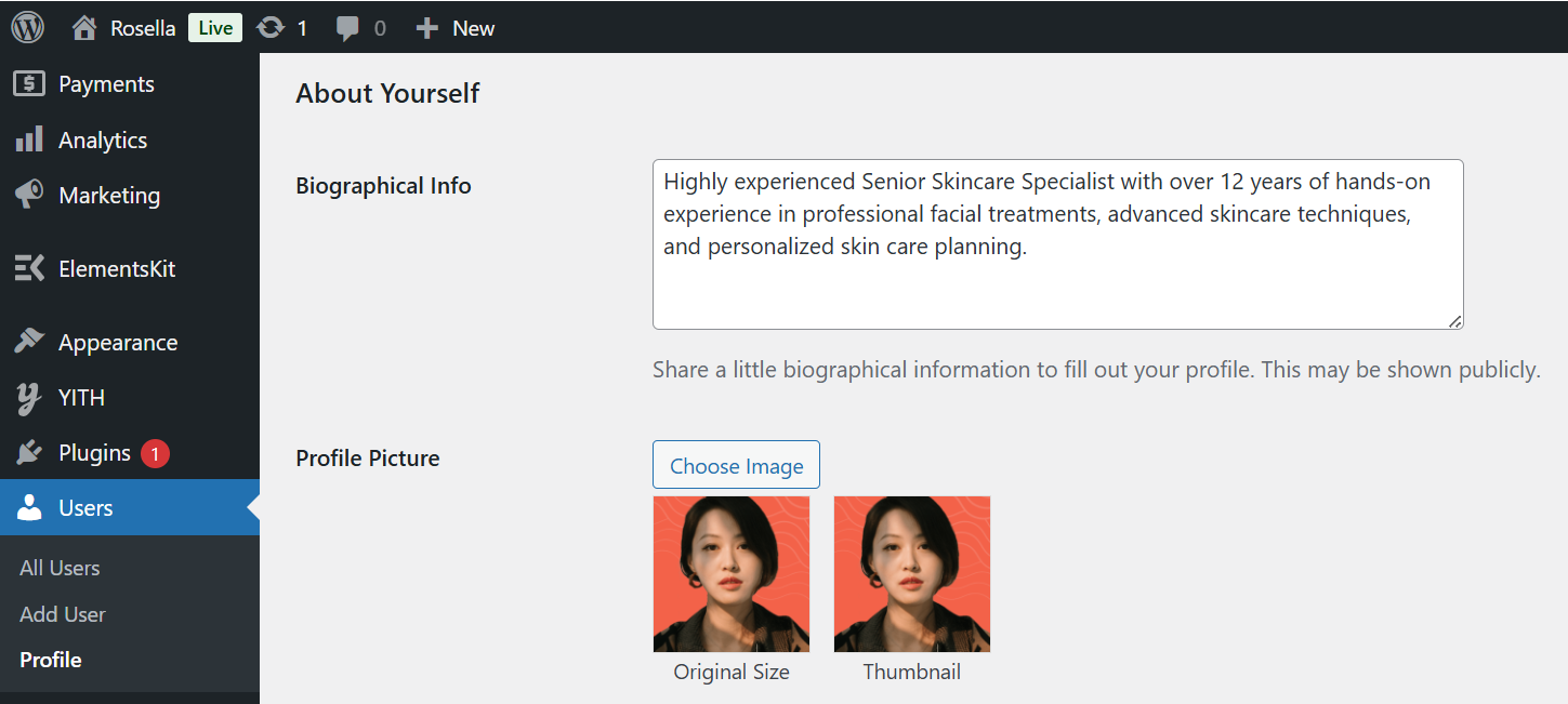 Author bio settings example