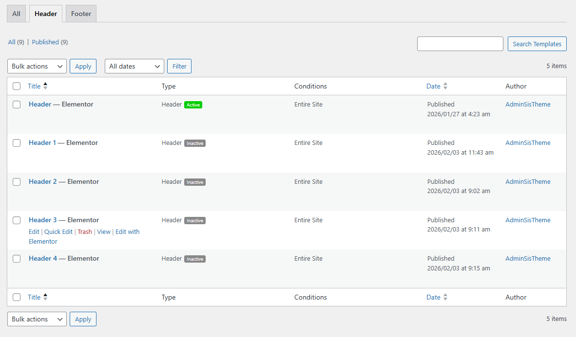 Header settings example