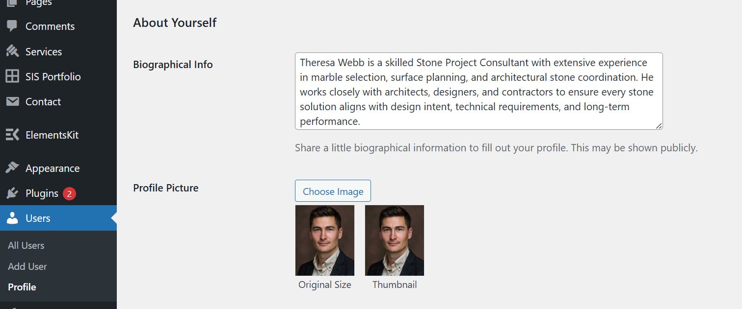 Author bio settings example