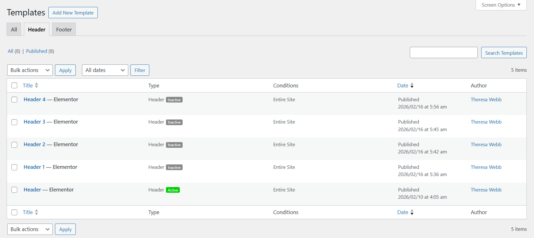 Header settings example
