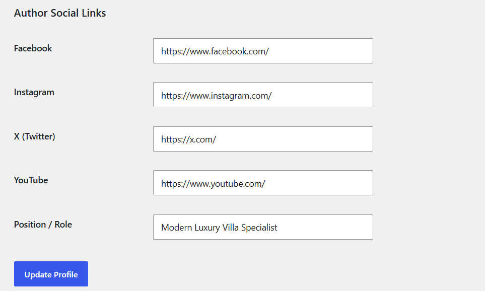 Author social link settings example
