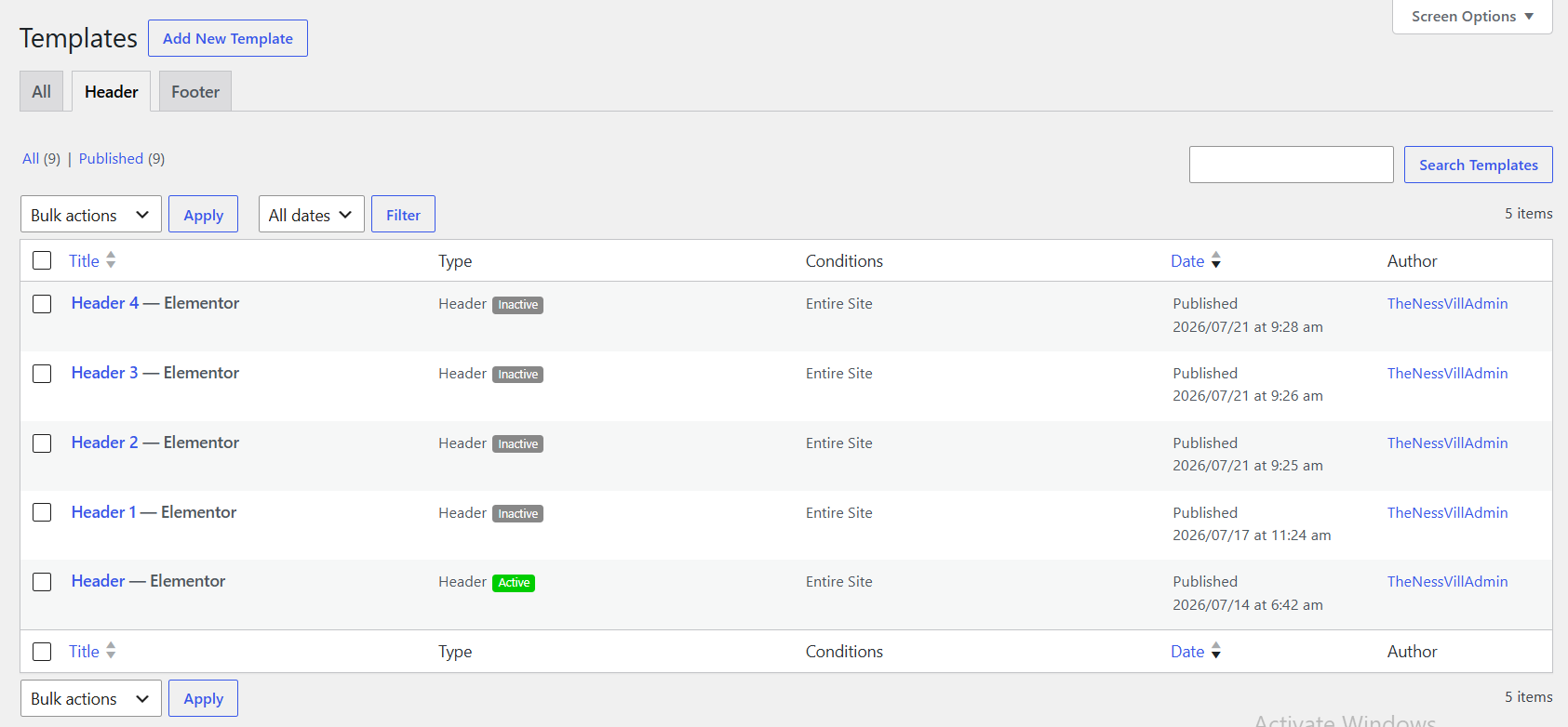 Header settings example