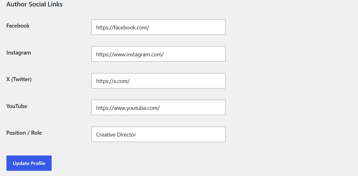 Author social link settings example