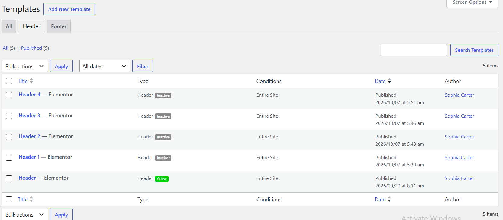 Header settings example