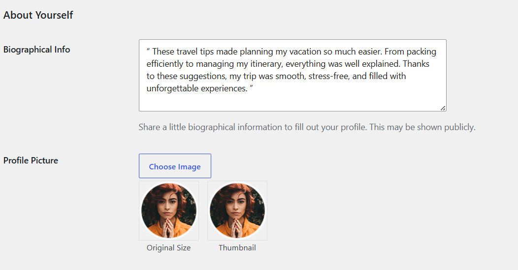 Author bio settings example