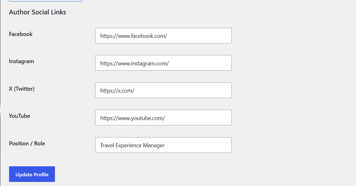 Author social link settings example