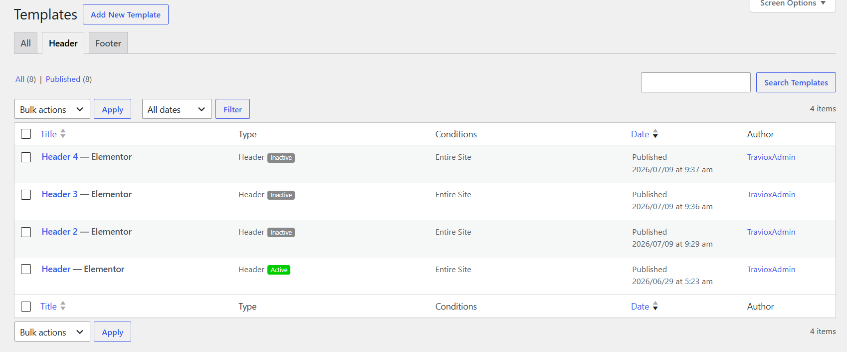 Header settings example