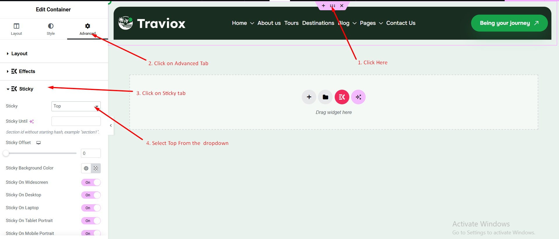 Sticky header settings