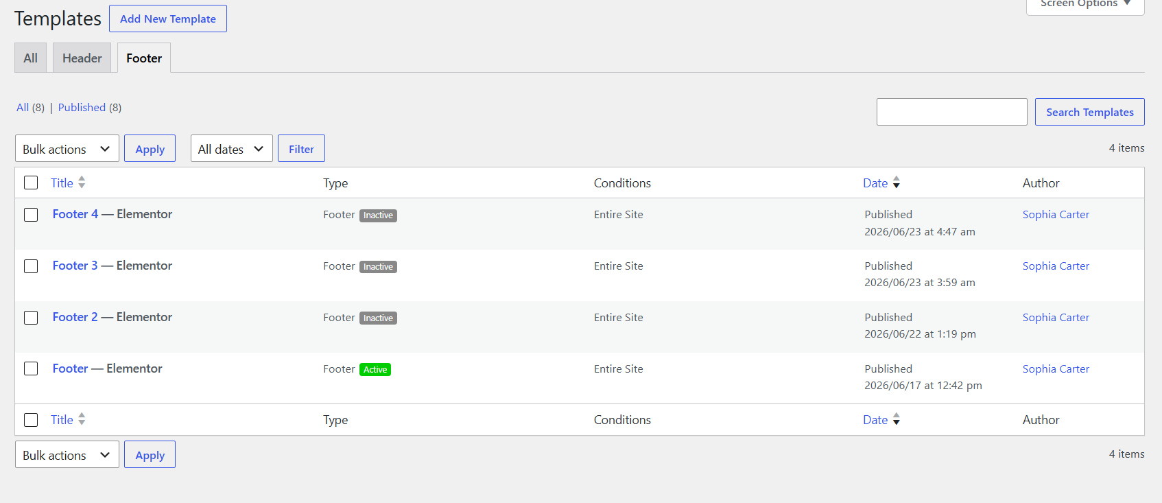 Footer settings example