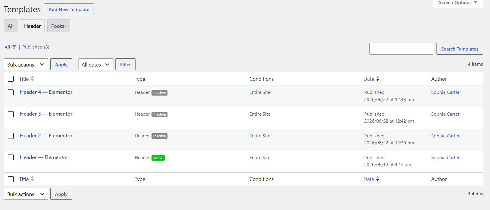 Header settings example