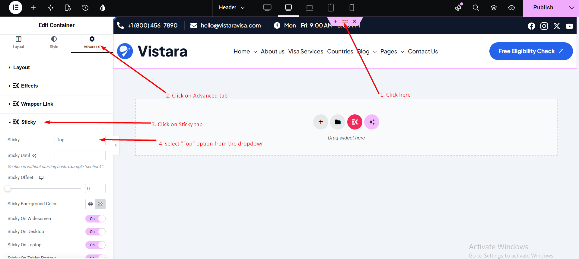 Sticky header settings