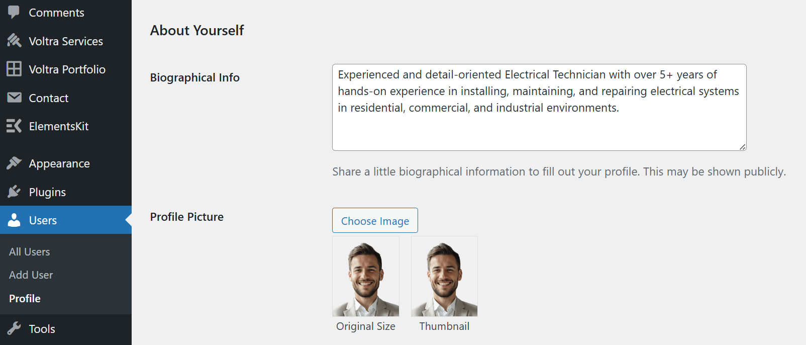 Author bio settings example