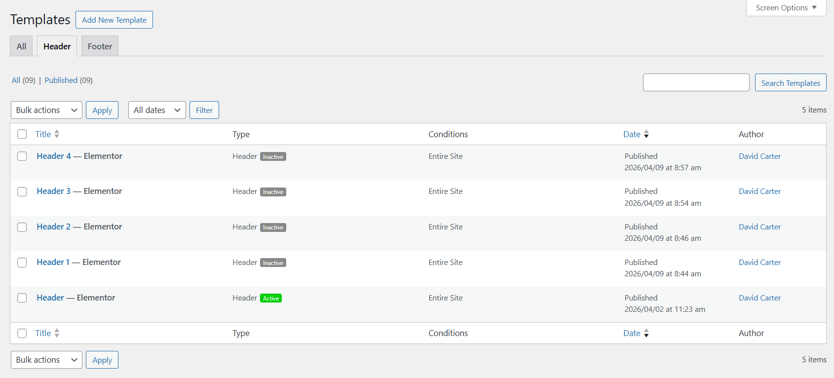 Header settings example