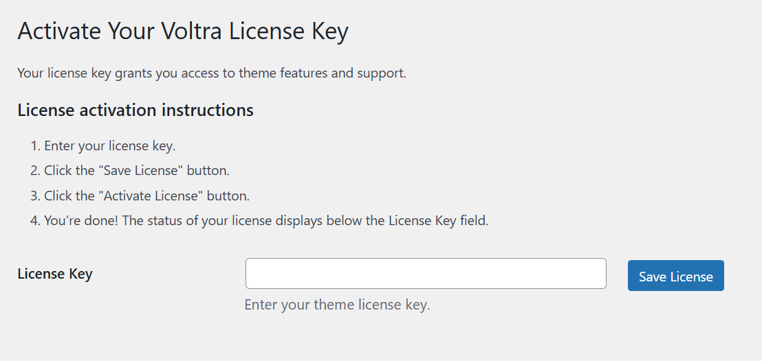 Theme License Activation Screenshot