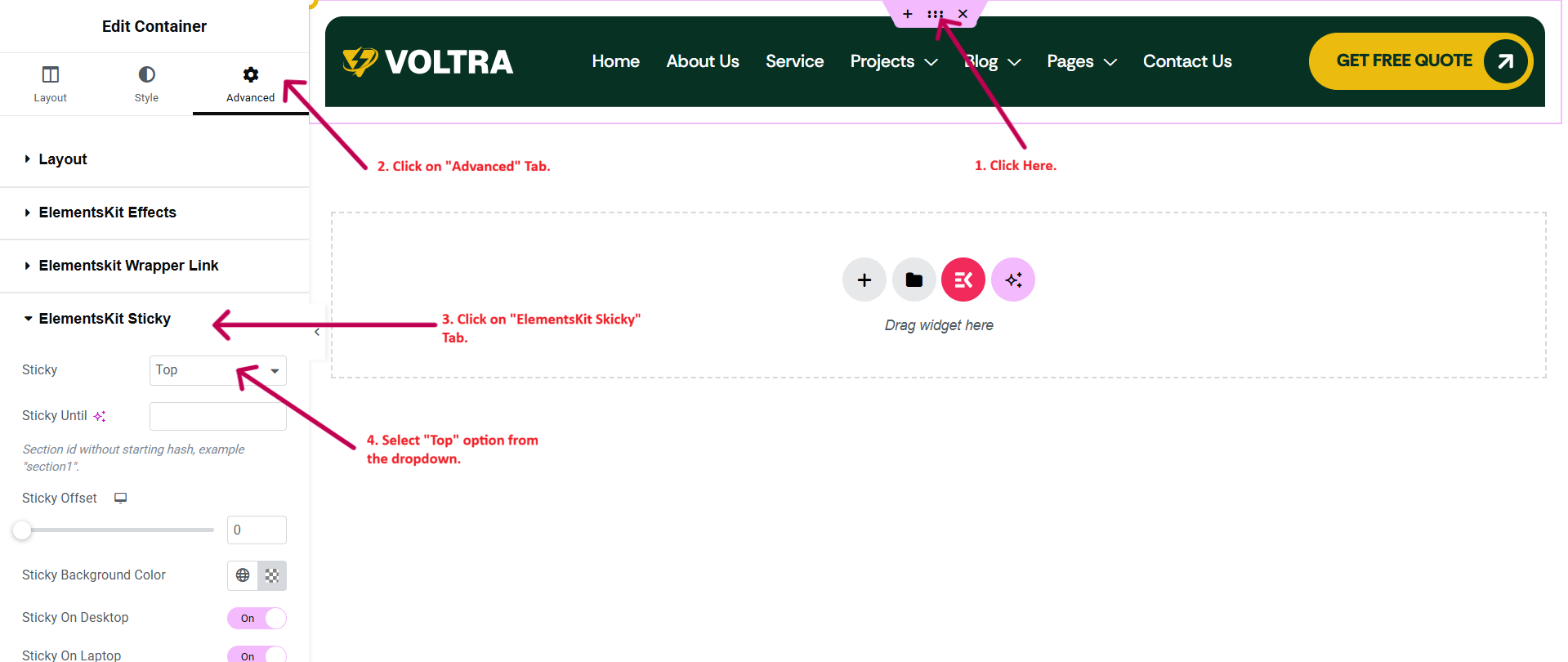 Sticky header settings